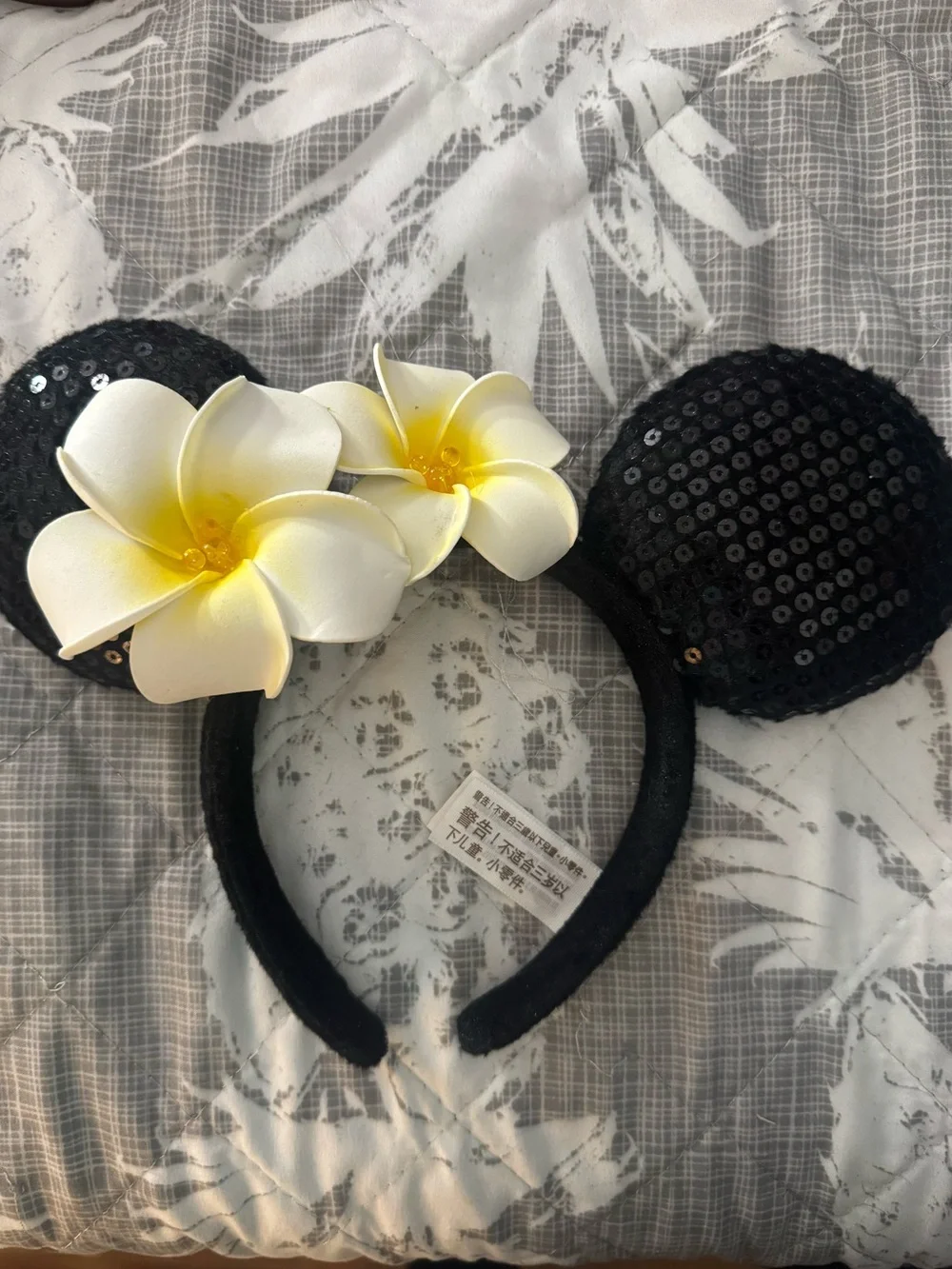 Disney Aulani Black Sequin Minnie-Style Headband with Mickey plumeria